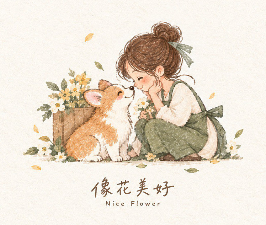 闆娘蹲在花箱旁，和柯基 Runa 鼻子碰鼻子的水彩插畫