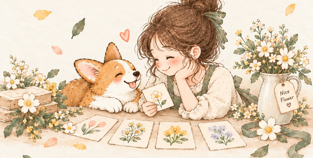 闆娘的插畫：女孩和柯基 Runa 趴在桌上，手裡拿著一張畫著小花的牌，桌上還排著四張花牌。
